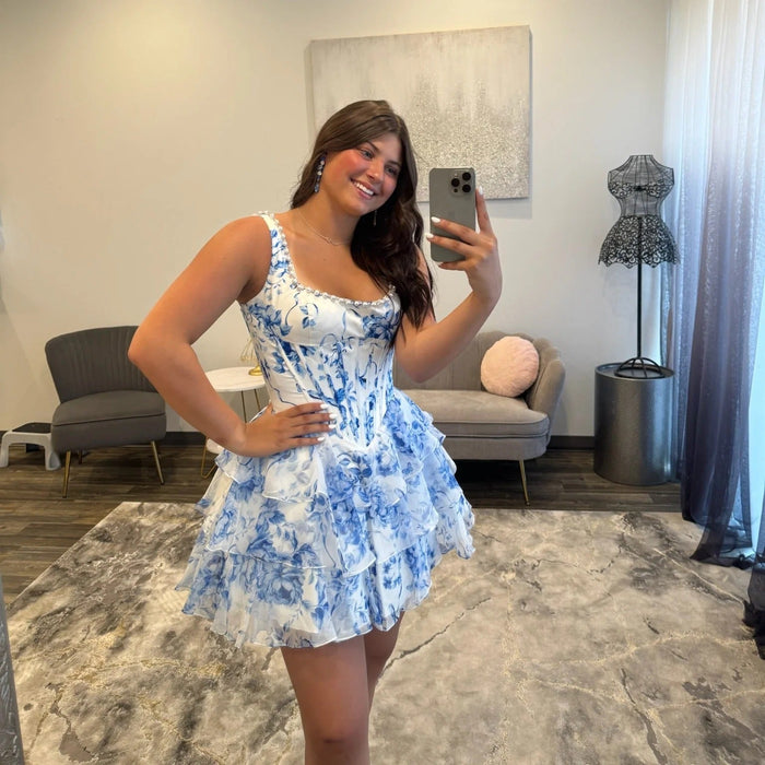 Blue Floral Corset Homecoming Dress with Tiered Ruffle Skirt
