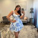 Blue Floral Corset Homecoming Dress with Tiered Ruffle Skirt
