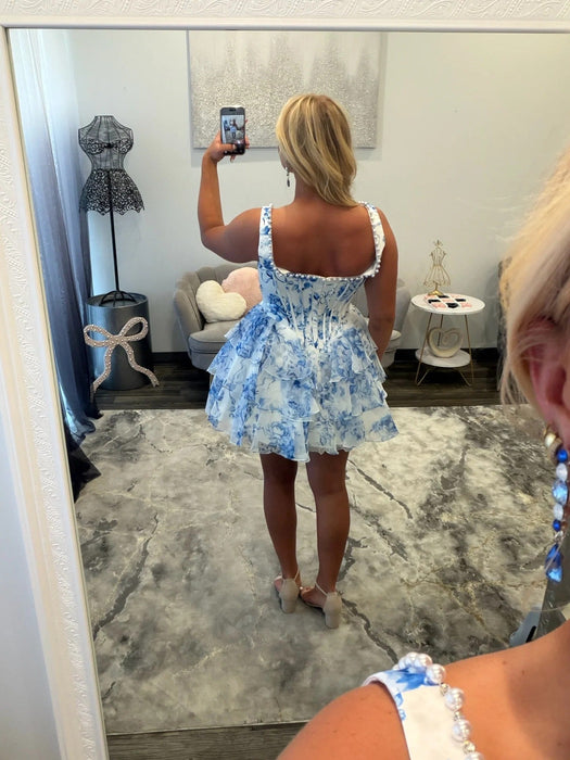 Blue Floral Corset Homecoming Dress with Tiered Ruffle Skirt