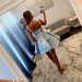 Blue Floral Jacquard Corset Homecoming Dress with Pearls