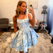 Blue Floral Jacquard Corset Homecoming Dress with Pearls