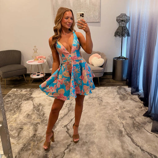 Blue Floral Jacquard Deep V Neck Backless Homecoming Dress with Bow