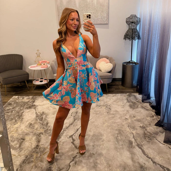 Blue Floral Jacquard Deep V Neck Backless Homecoming Dress with Bow