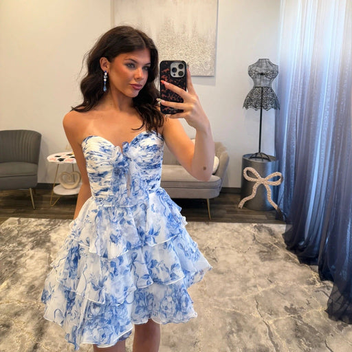Blue Floral Print Strapless Tiered Short Homecoming Dress