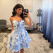 Blue Floral Print Strapless Tiered Short Homecoming Dress