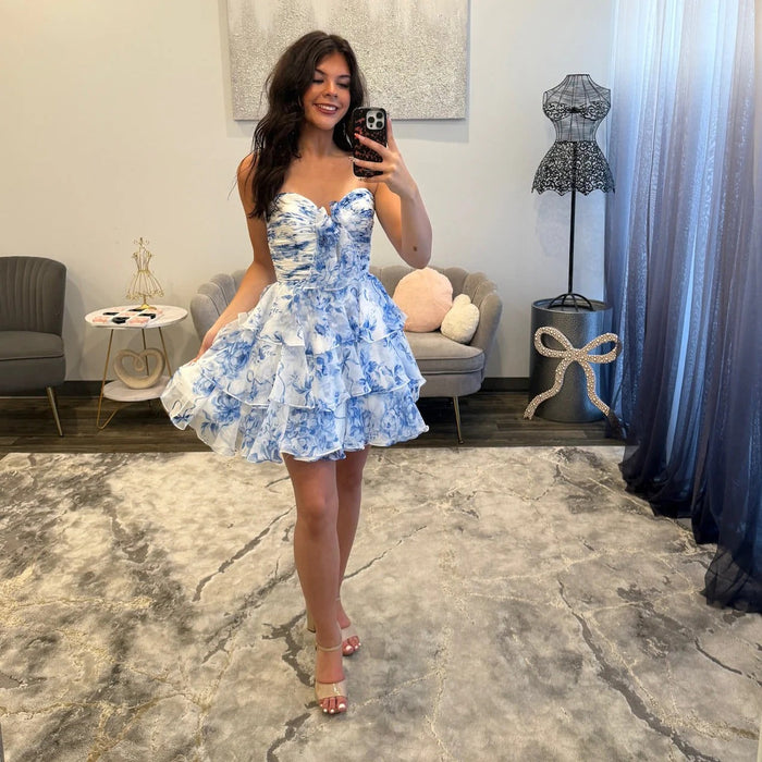 Blue Floral Print Strapless Tiered Short Homecoming Dress