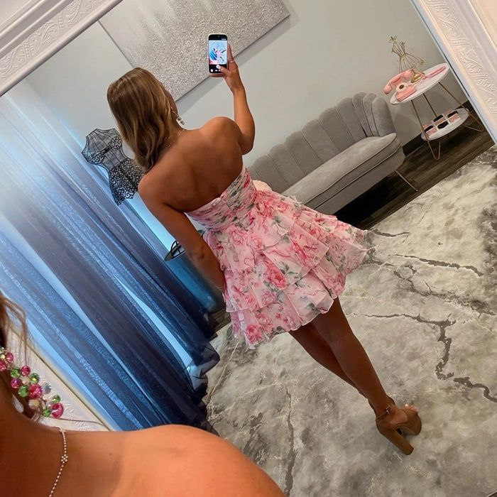 Pink Floral Print Strapless Tiered Short Homecoming Dress
