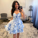 Blue Floral Print Strapless Tiered Short Homecoming Dress