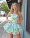 Blue Green Paisley Print Strapless Corset Homecoming Dress Short Lace Trim Mini Dress