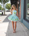 Blue Green Paisley Print Strapless Corset Homecoming Dress Short Lace Trim Mini Dress