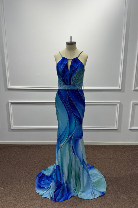 Blue Halter Beadings Mermaid Prom Dress Floor Length - Prom Dresses