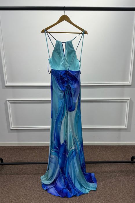 Blue Halter Beadings Mermaid Prom Dress Floor Length - Prom Dresses