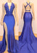 Blue Halter Mermaid Long Prom Dress with Split and Lace Appliques
