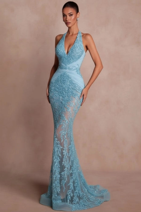 Halter Dark Green Mermaid Prom Dress Glitter Sequins Evening Gown