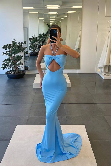 Blue Halter Strapless Mermaid Evening Dress Sleeveless