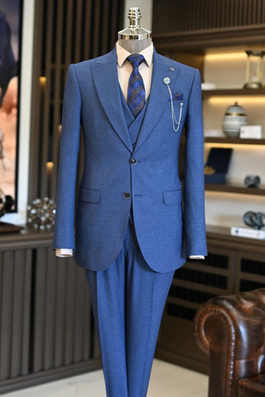 Popular Sky Blue Peaked Lapel Slim Men's Three-Piece Suits main image 1