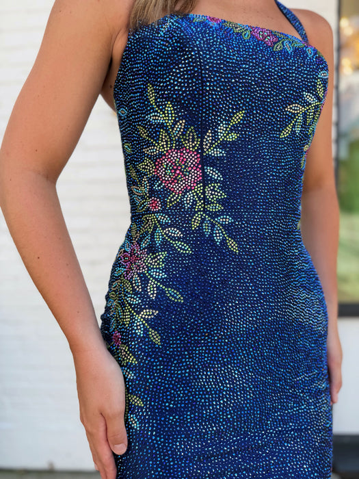 Blue Rhinestone Halter Homecoming Dress with Floral Beading