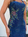Blue Rhinestone Halter Homecoming Dress with Floral Beading