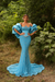 Blue Satin Mermaid Evening Gown Beadings Floor Length Party Dress with puffy Sleeves