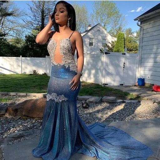 Blue Sequined Mermaid Prom Gown with Spaghetti Straps