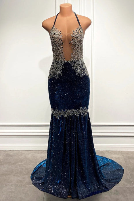 Blue Sequined Mermaid Prom Gown with Spaghetti Straps