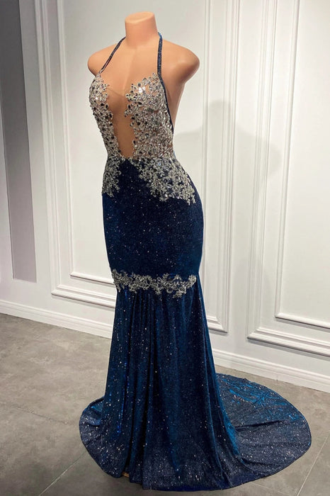 Blue Sequined Spaghetti-Straps Mermaid Long Prom Dress