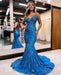 Blue Sequins Applique Prom Dress Mermaid Sleeveless Spaghetti Straps