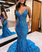 Blue Sequins Applique Prom Dress Mermaid Sleeveless Spaghetti Straps