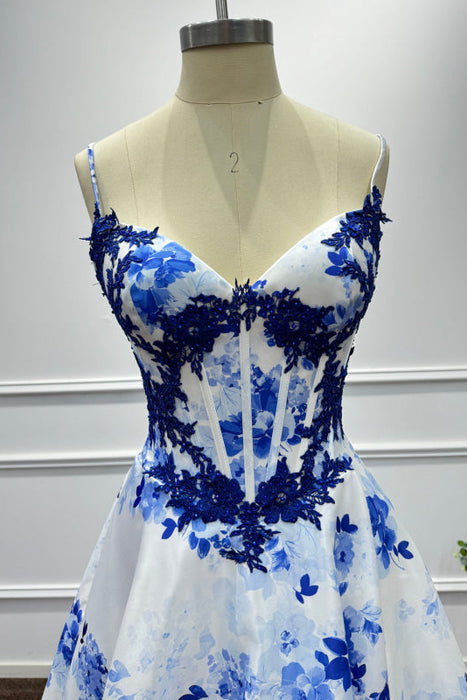 Blue Spaghetti Straps Appliques Sleeveless A-Line Prom Dress - Prom Dresses