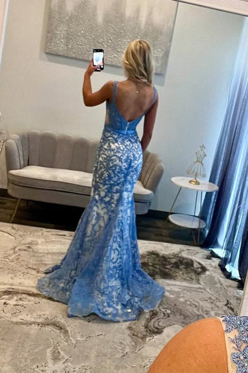 Blue Spaghetti Straps Floral Mermaid Lace Prom Dress