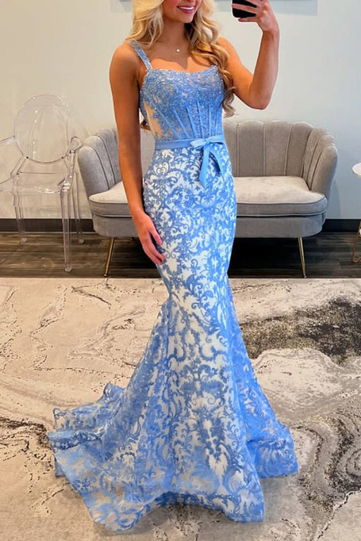 Blue Spaghetti Straps Floral Mermaid Lace Prom Dress