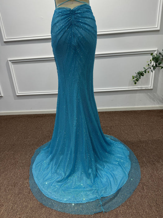 Blue Square Neck Sleeveless Beadings Mermaid Prom Dress - Prom Dresses