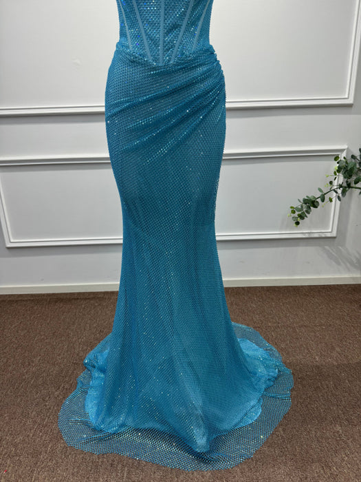 Blue Square Neck Sleeveless Beadings Mermaid Prom Dress - Prom Dresses