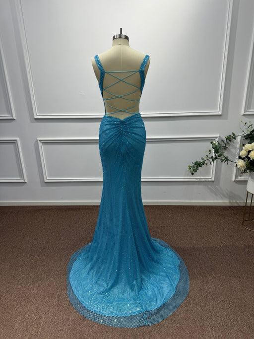 Blue Square Neck Sleeveless Beadings Mermaid Prom Dress - Prom Dresses