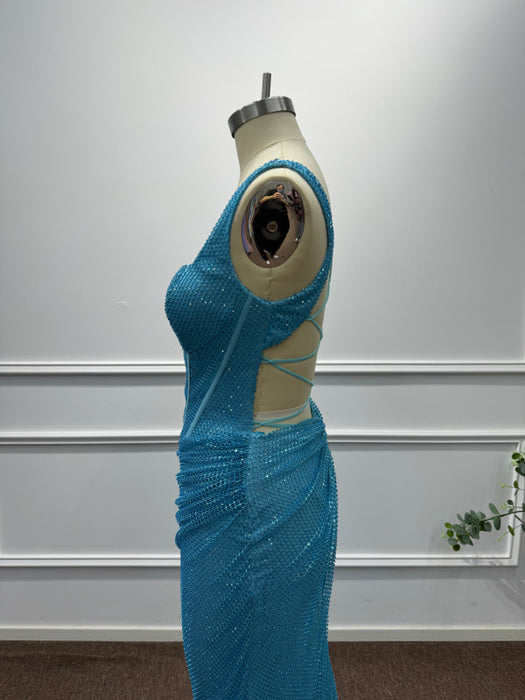 Blue Square Neck Sleeveless Beadings Mermaid Prom Dress - Prom Dresses