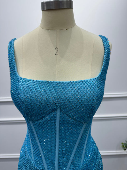 Blue Square Neck Sleeveless Beadings Mermaid Prom Dress - Prom Dresses