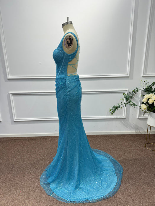 Blue Square Neck Sleeveless Beadings Mermaid Prom Dress - Prom Dresses