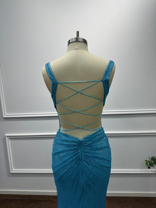Blue Square Neck Sleeveless Beadings Mermaid Prom Dress - Prom Dresses