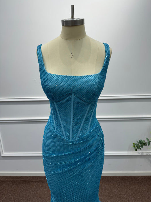 Blue Square Neck Sleeveless Beadings Mermaid Prom Dress - Prom Dresses