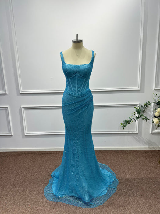 Blue Square Neck Sleeveless Beadings Mermaid Prom Dress - Prom Dresses