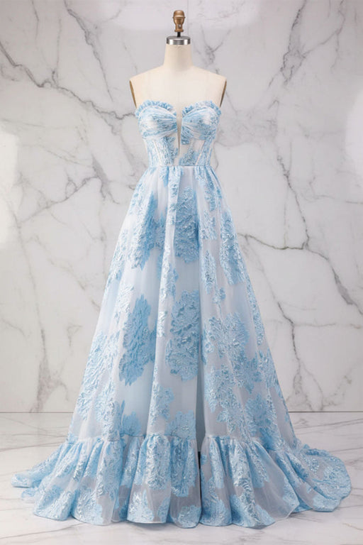 Blue Strapless  A-Line Prom Dress with Apppliques