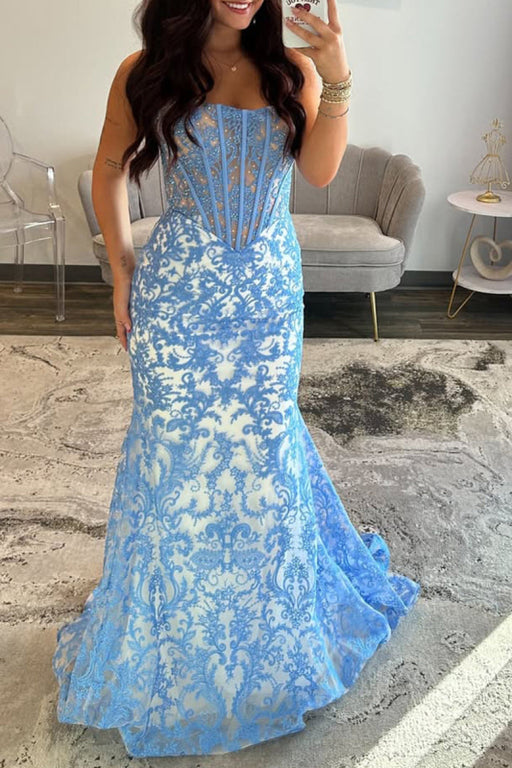 Blue Strapless Pearl Beaded Mermaid Lace Long Prom Dress