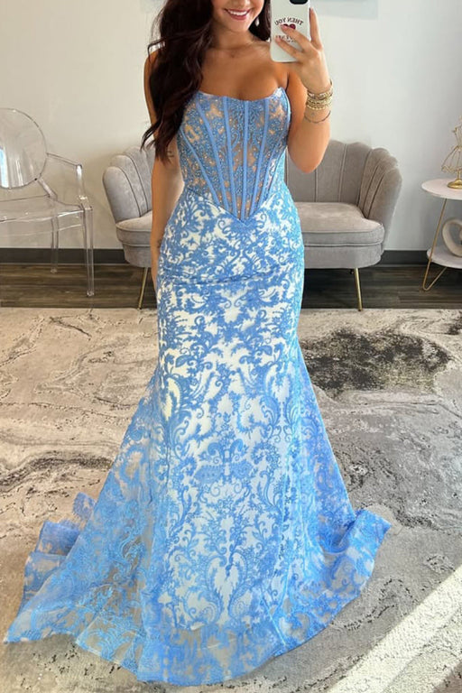 Blue Strapless Pearl Beaded Mermaid Lace Long Prom Dress