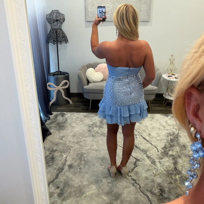 Strapless Pearl Bow Mini Homecoming Dress with Ruffle