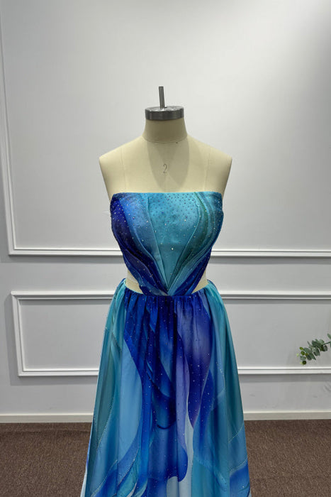 Blue Strapless Sleeveless A-Line Prom Dress - Prom Dresses