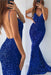 Blue V-neck Mermaid Prom Dress with Sequins and Split