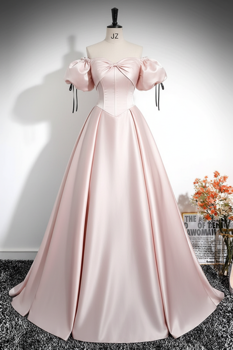Blush Pink A-Line Pleated Off-The-Shoulder Prom Dress