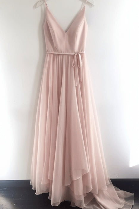 Blush Pink A Line V Neck Spaghetti Straps Tulle Prom Dresses