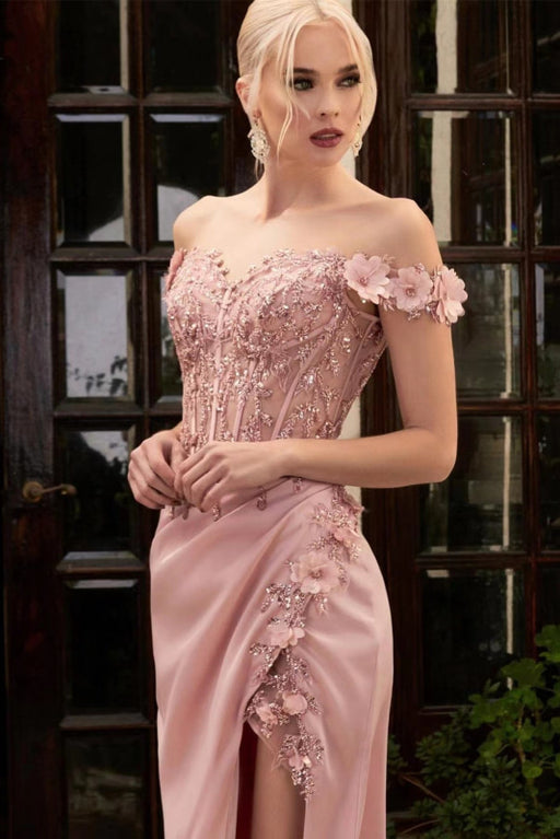 Blush Pink Applique Mermaid Prom Dress with Off-The-Shoulder Style and Sparkling Beadings 
