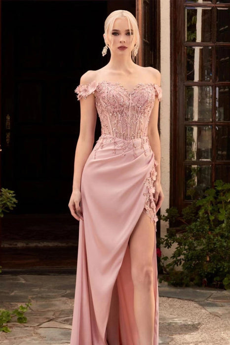 Blush Pink Applique Mermaid Prom Dress with Off-The-Shoulder Style and Sparkling Beadings 